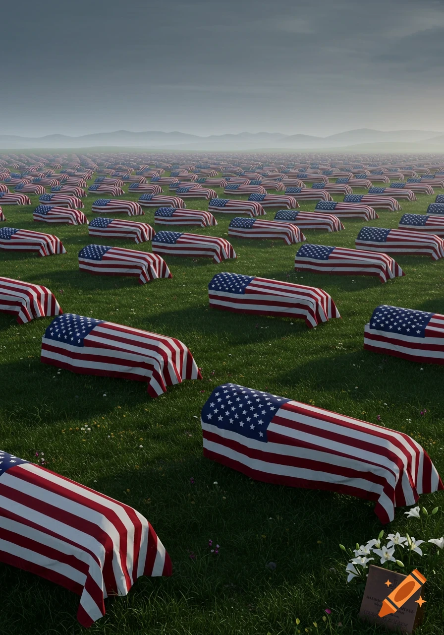 A vast field of coffins draped in American flags under a somber, cloudy sky, with a small tombstone and white flowers in the foreground.