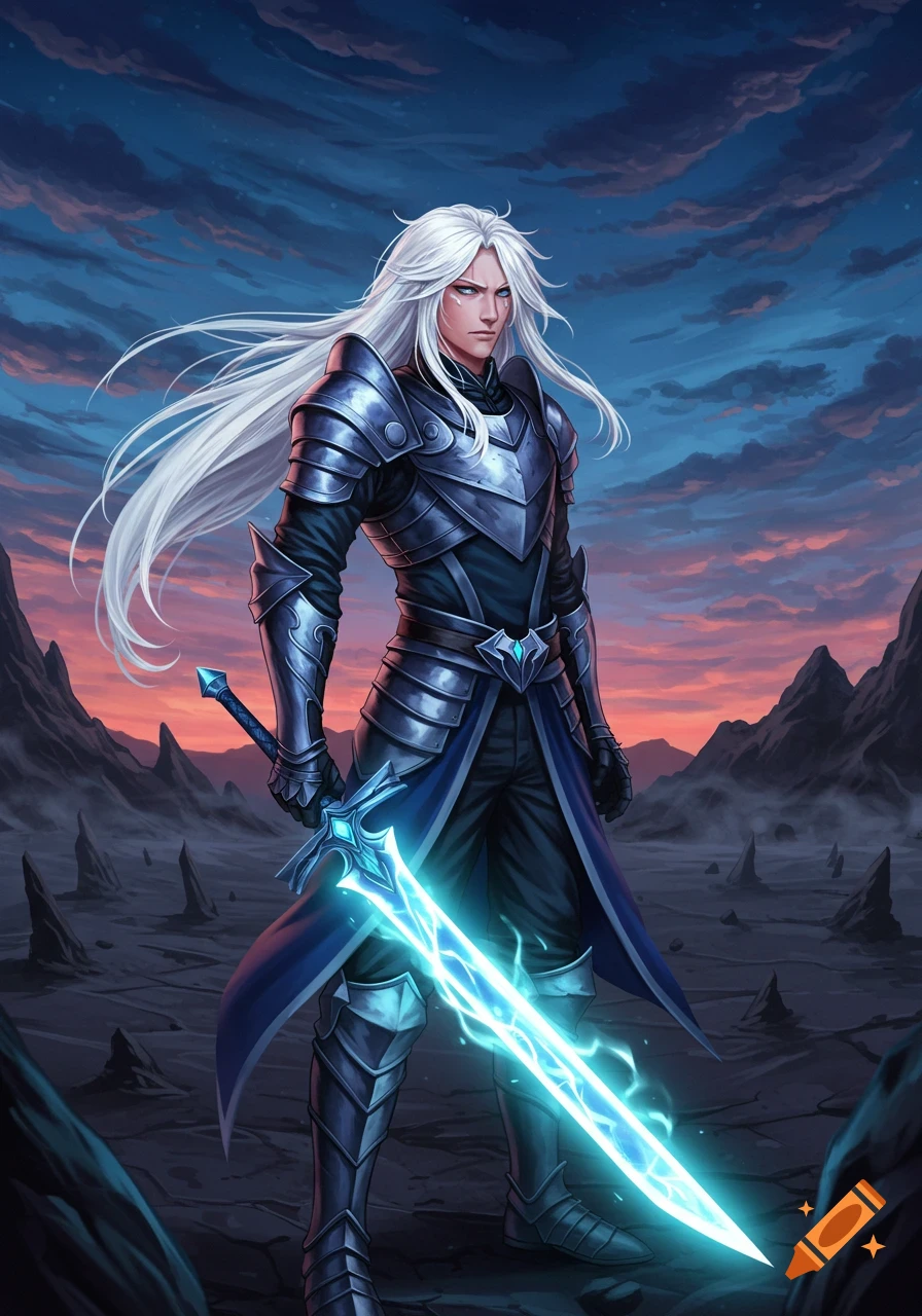 Anime man with long white hair in dark armor holds a glowing blue sword, standing in a desolate mountain landscape under a twilight sky.