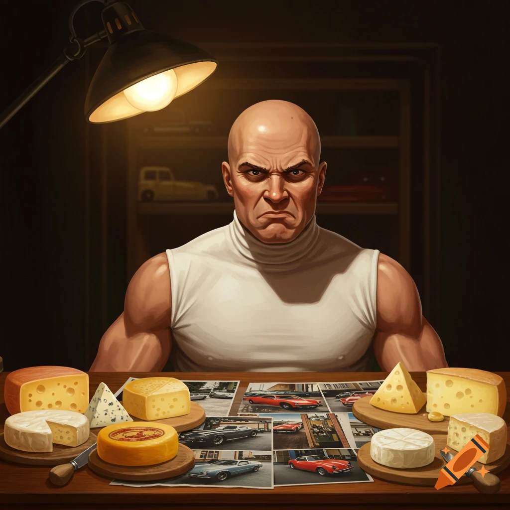 Stern bald man in white turtleneck at a desk, surrounded by cheese and classic car photos under a lamp.