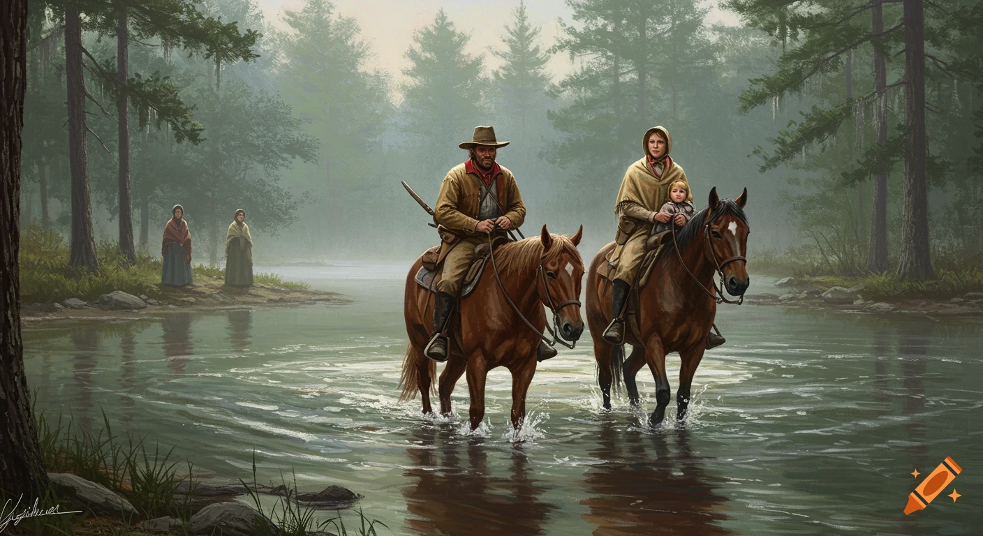 A pioneer father and his daughter on horseback cross a misty river, while two women stand on the distant shore in a forested landscape.