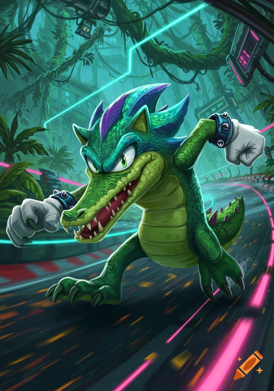 A vibrant, cartoonish green crocodile character with spiky hair, wearing white gloves and spiked armbands, runs through a neon-lit jungle track.
