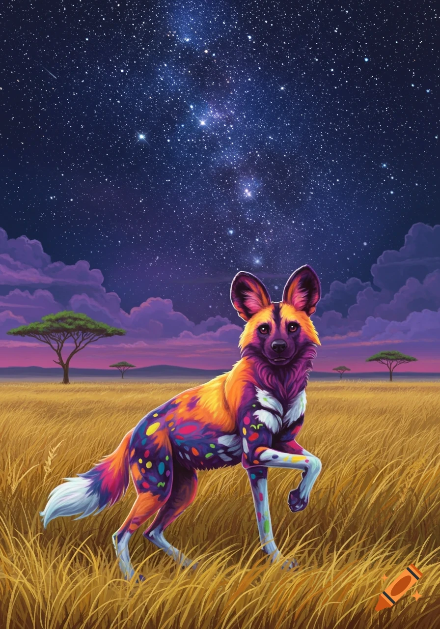 A vibrantly colored African wild dog, with a Lisa Frank-inspired pattern, prancing through a golden savanna under a starry night sky.