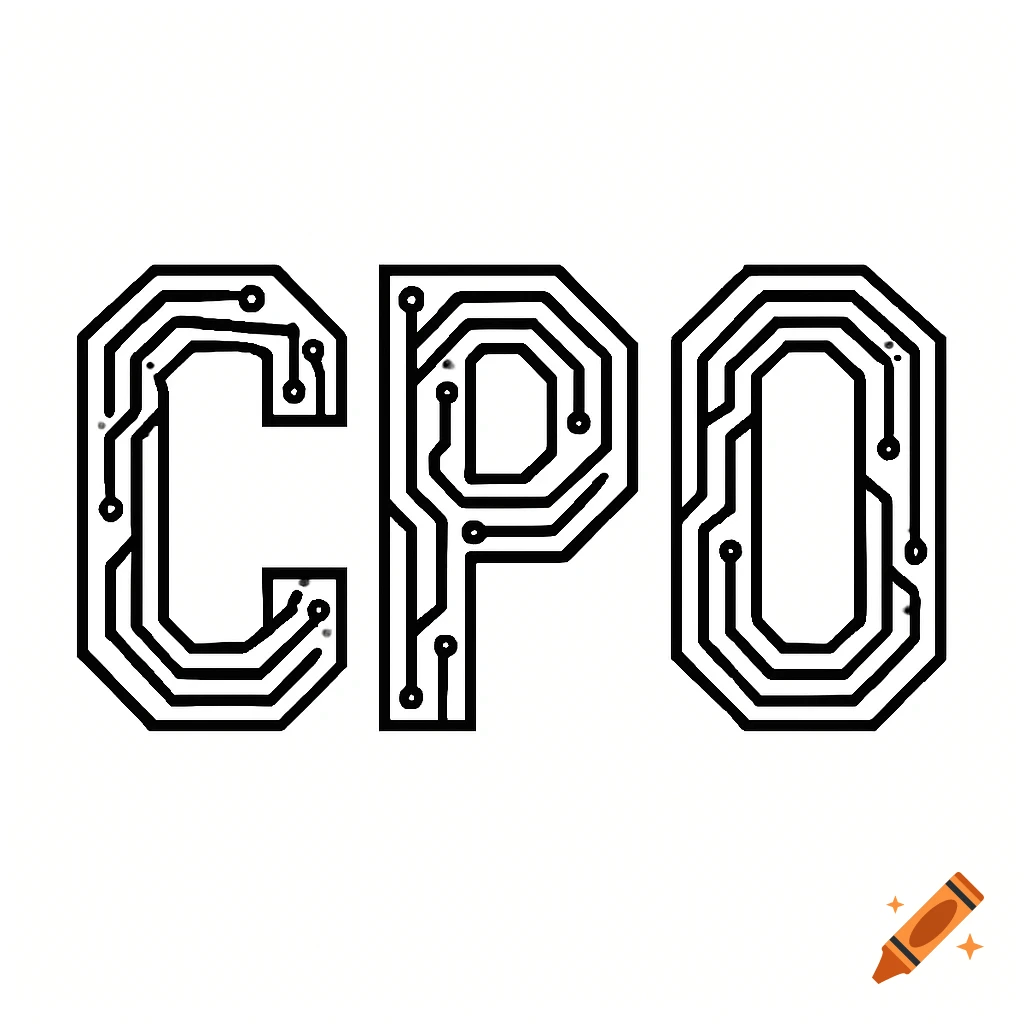 Black and white letters CPO designed with circuit board traces and components.