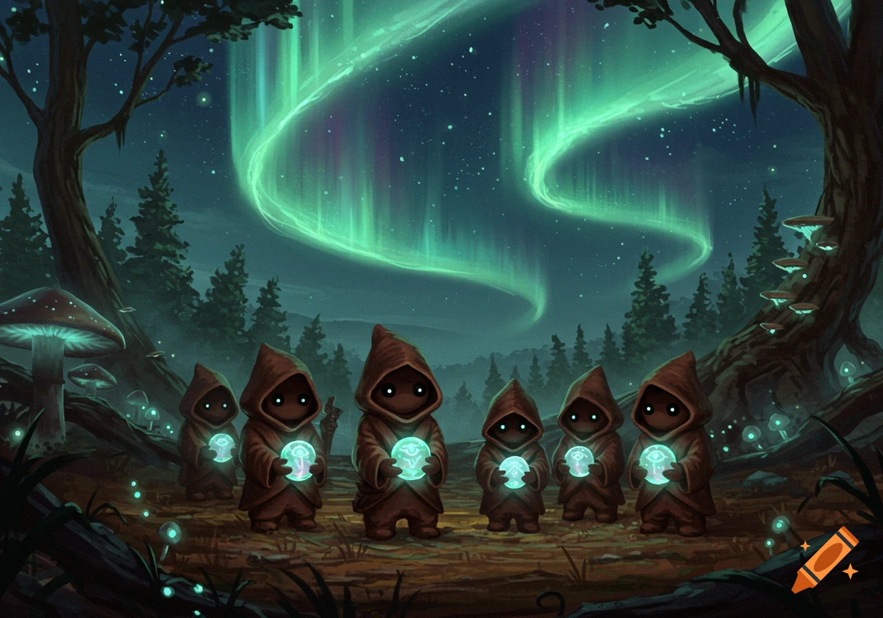 Seven cute, brown, hooded creatures with glowing eyes hold luminous orbs in a magical forest with glowing mushrooms under a green aurora borealis.