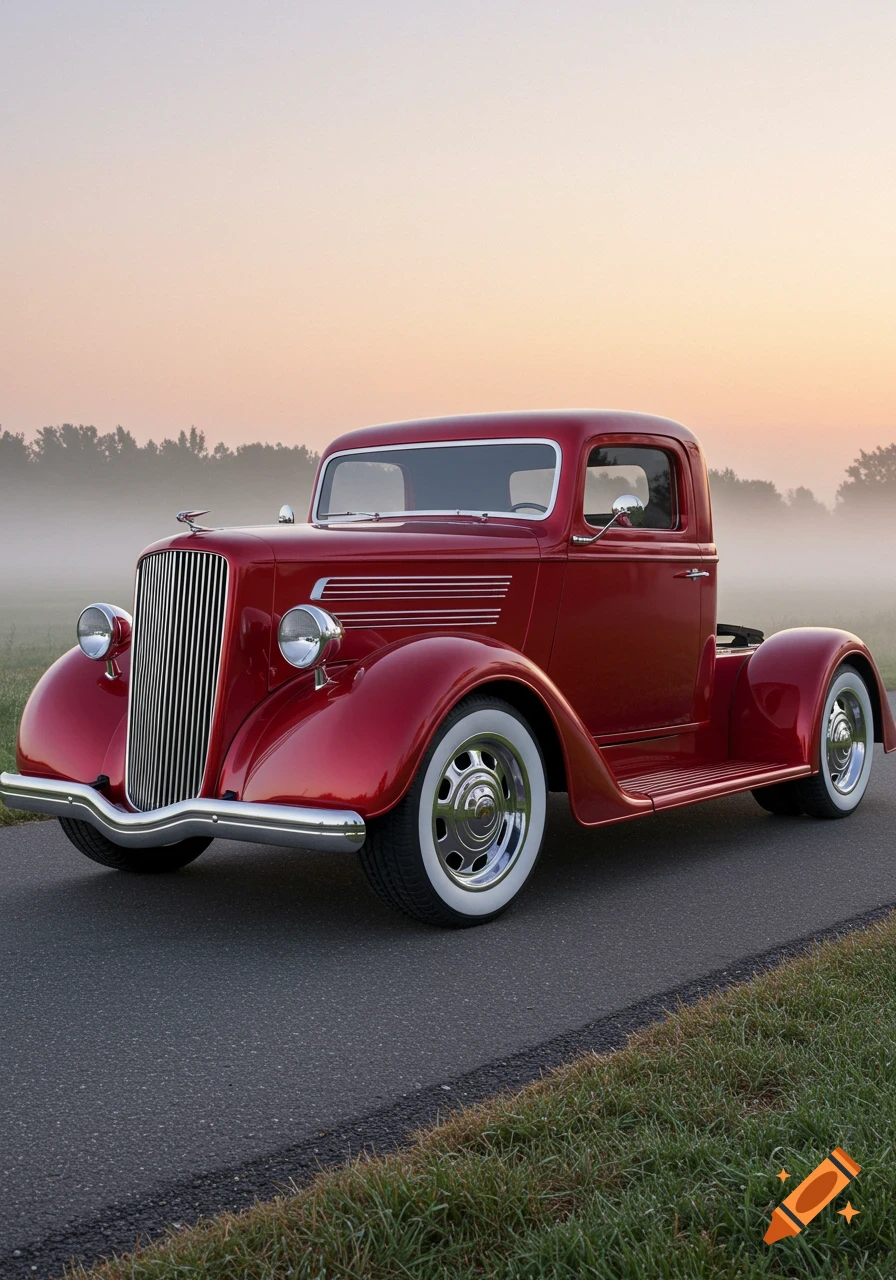 A shiny red vintage truck with white-wall tires on an asphalt road, surrounded by a foggy, tree-lined landscape at sunset.
