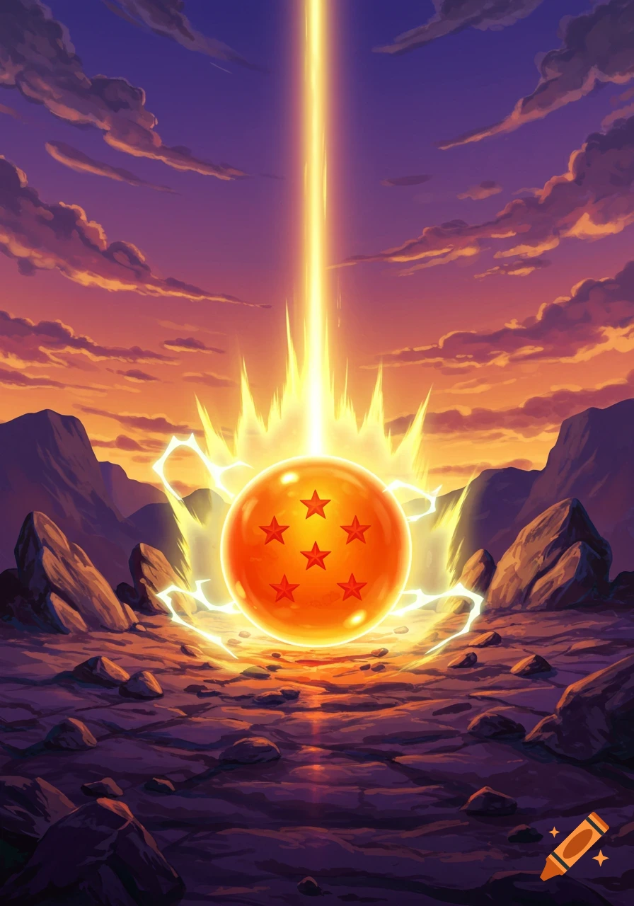 An orange Dragon Ball with five red stars glowing brightly, a beam of light shooting upwards into a dramatic sunset sky over mountains.