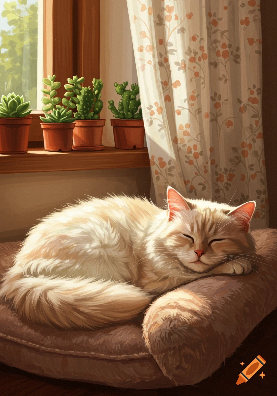 An illustration of a fluffy ginger and white cat sleeping on a cushion by a sunny window with potted plants.