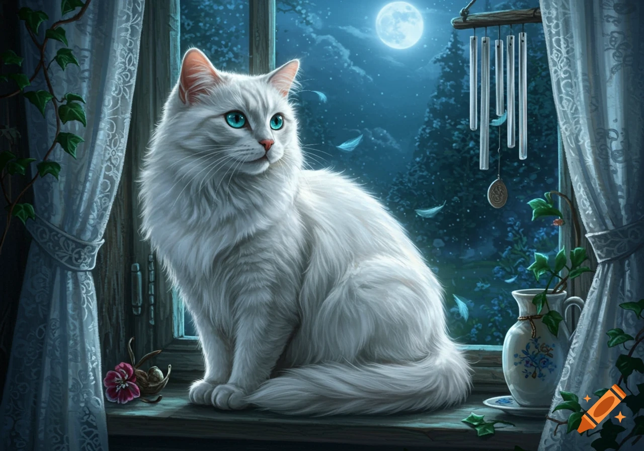 A majestic white cat with bright blue-green eyes sits on a window sill at night, gazing at a full moon, a wind chime, and ivy.