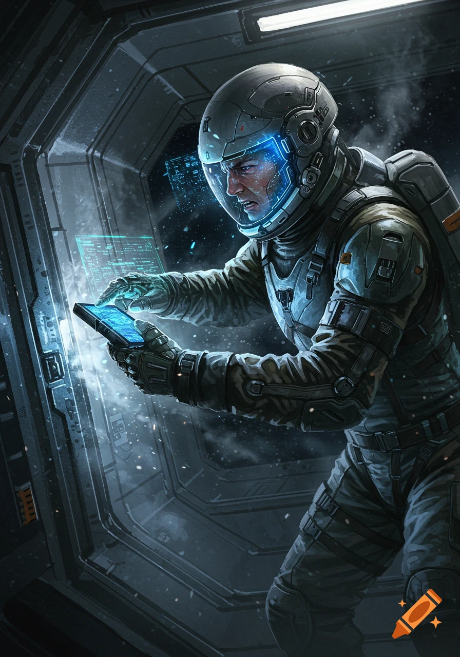 A detailed illustration of an astronaut in a futuristic suit interacting with glowing data screens and a tablet inside a spacecraft.