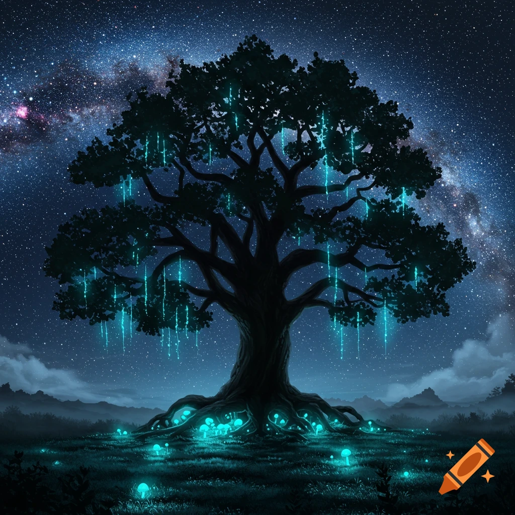 A majestic tree with glowing blue lights and luminescent mushrooms at its base under a vibrant starry night sky.