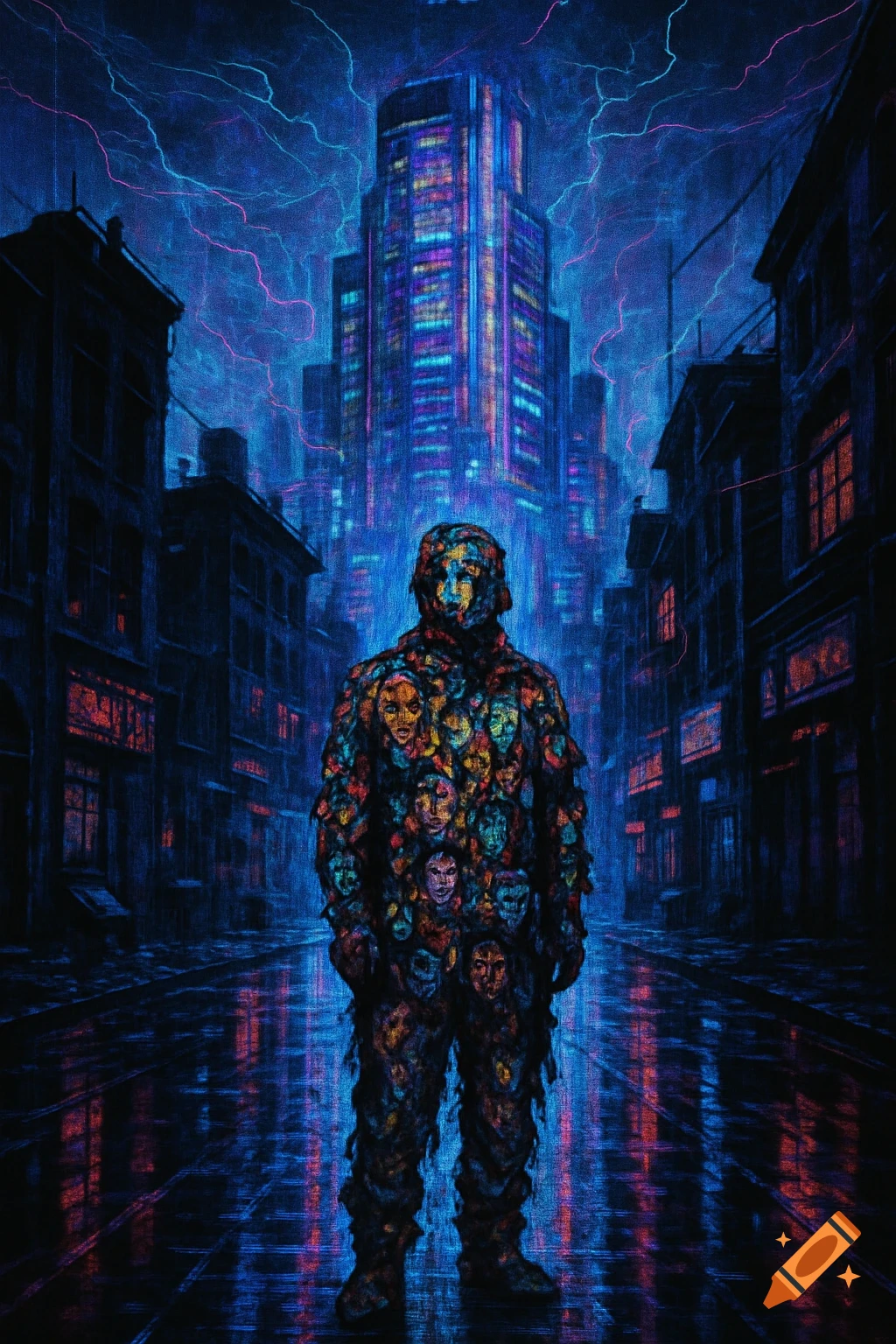 A figure made of many colorful faces stands in a dark, neon-lit cyberpunk city street under a stormy, lightning-filled sky.