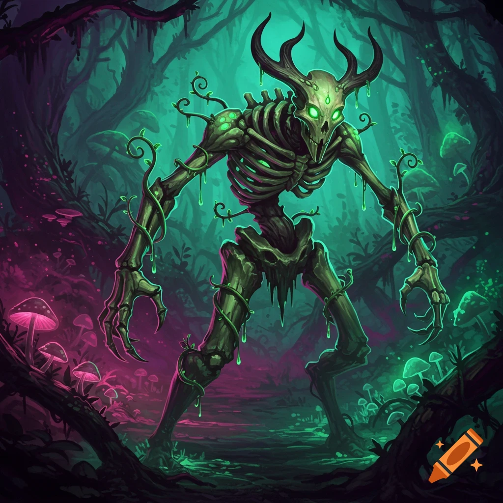 A skeletal, horned forest creature with glowing green eyes and bones wrapped in vines, standing in a dark, neon green and pink glowing forest.