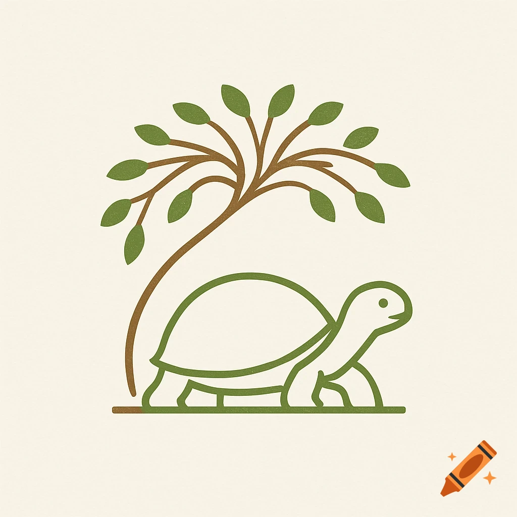 Simple logo of a green outline turtle under a tree with brown branches and green leaves on a cream background.