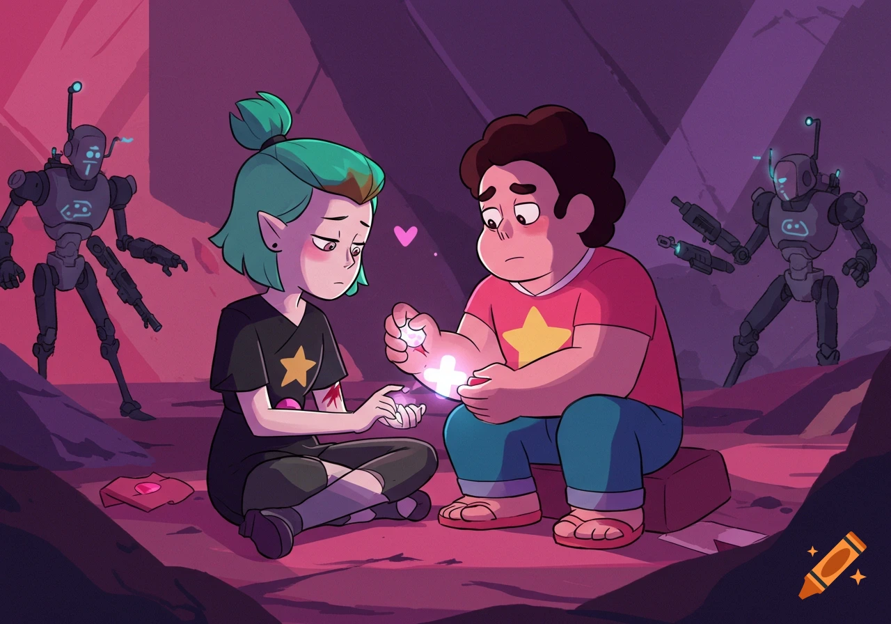 Steven Universe heals Amity Blight's wounded arm in a dark cave, with two robots behind them, cartoon style.