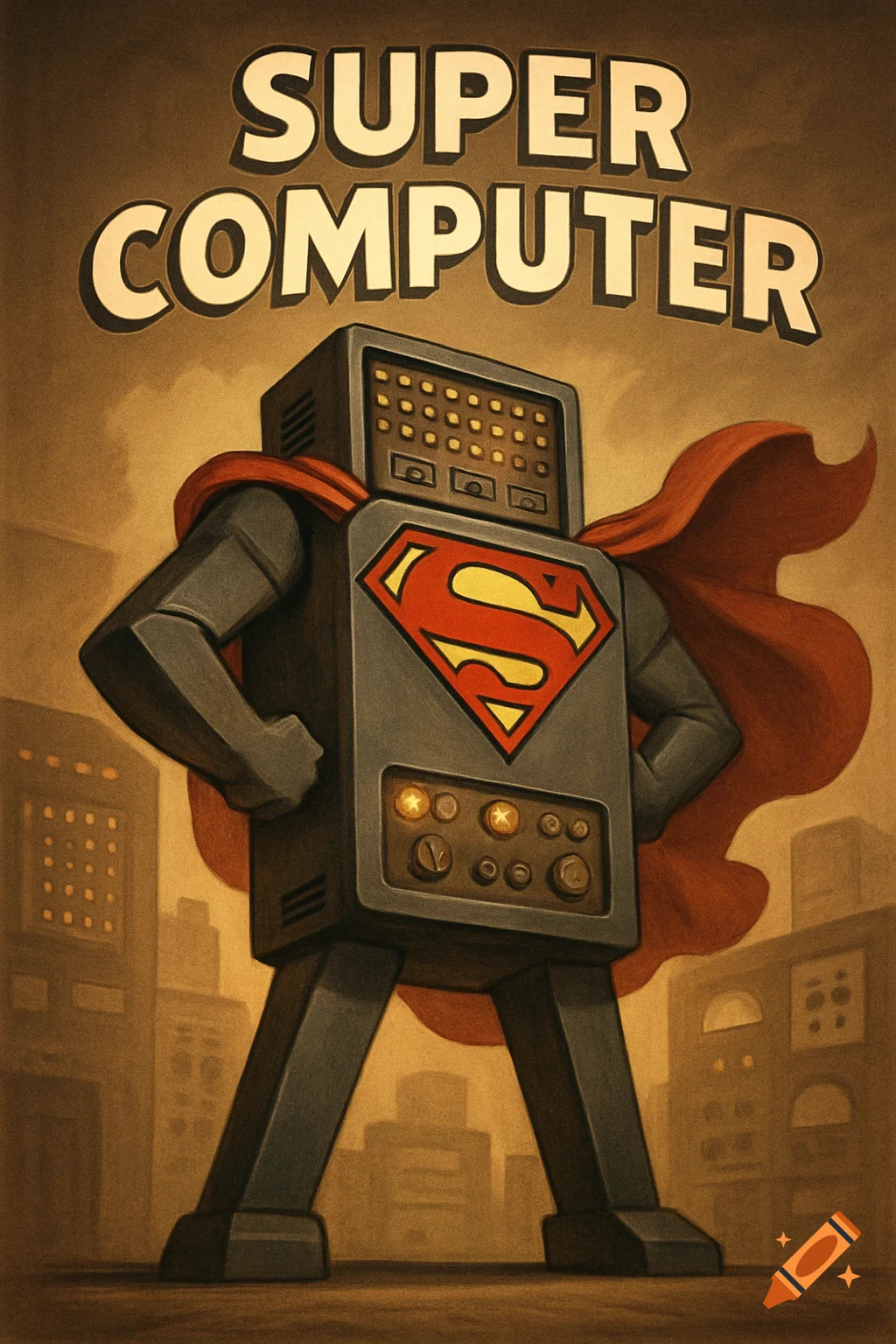 Retro illustration of a superhero computer with a red cape and Superman 'S' shield, standing over a city. Text: SUPER COMPUTER.
