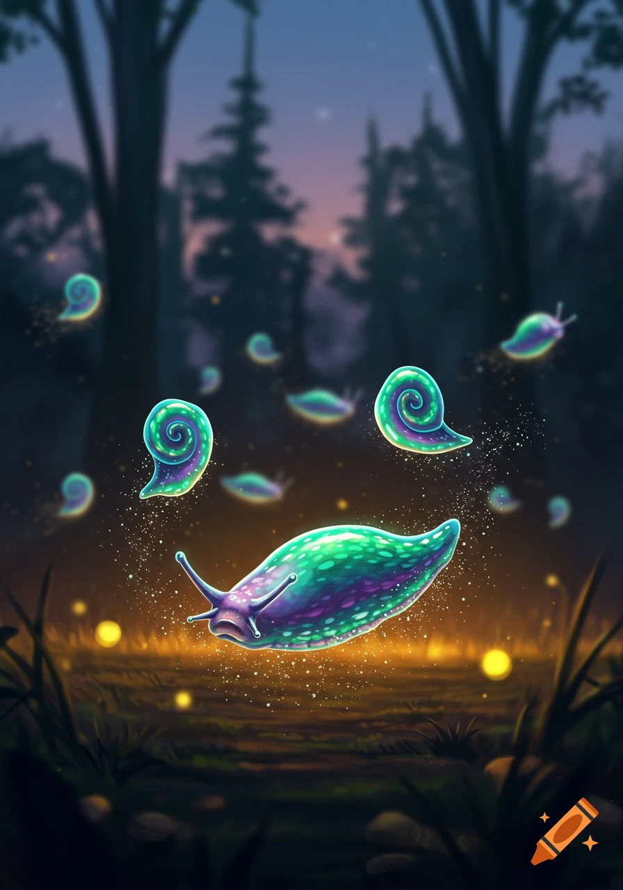 Vibrant, glowing slugs and snail-like creatures float in a dark, magical forest at night, with luminous specks, digital art.