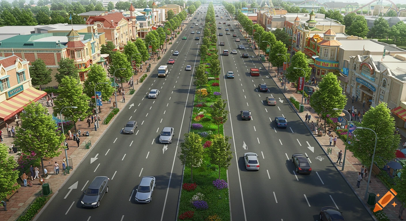 Photorealistic aerial view of a bustling theme park boulevard with cars, pedestrians, and colorful buildings lining a wide street with a floral median.