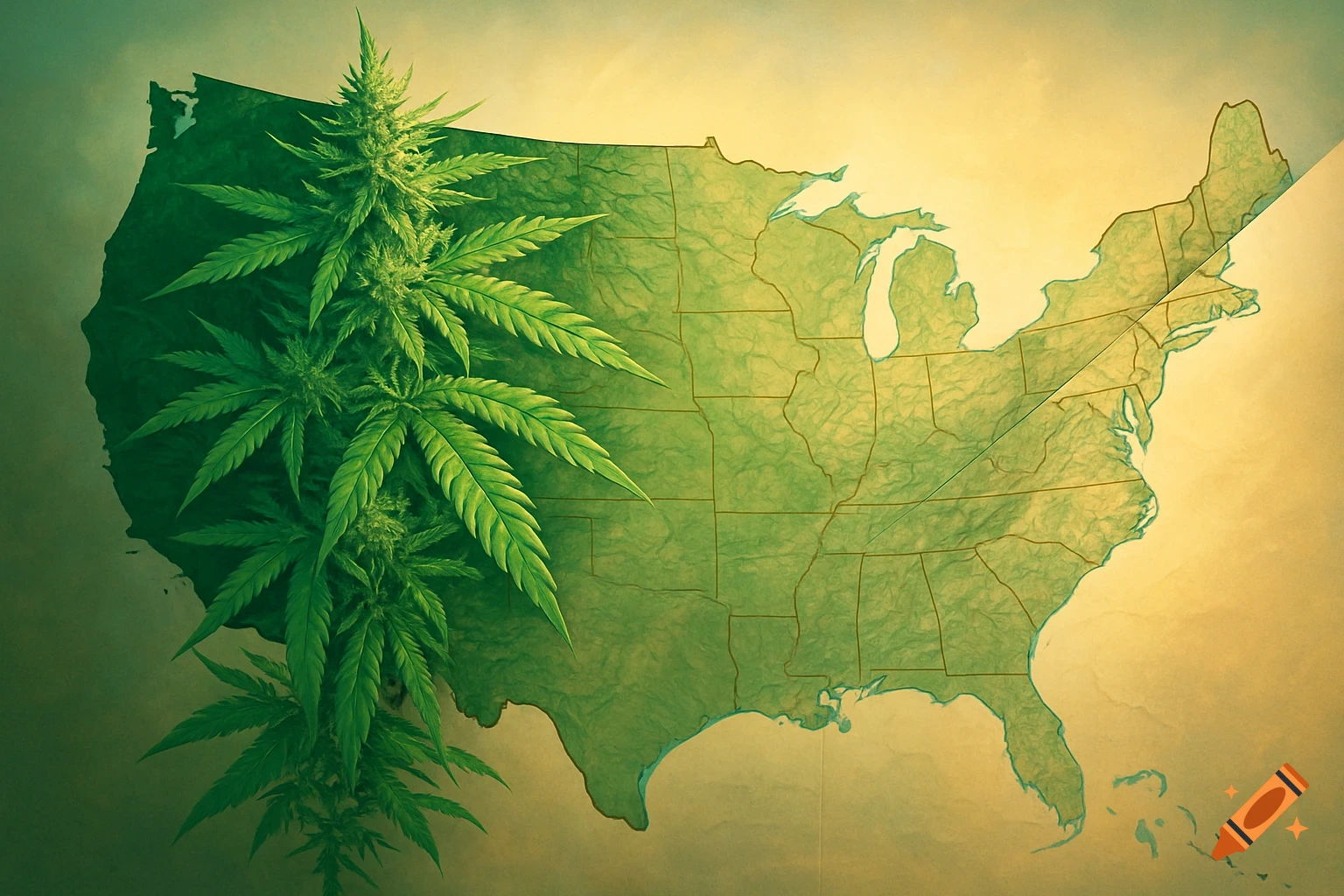 A textured map of the United States, with the left half covered by large, vibrant green cannabis plants.