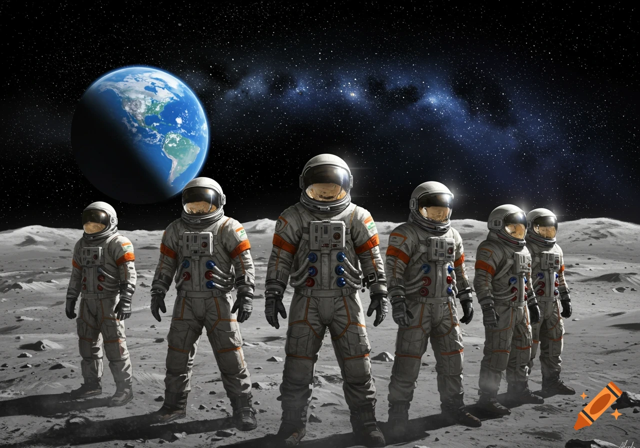Six astronauts in spacesuits stand on the moon's surface with Earth and a starry galaxy in the background.