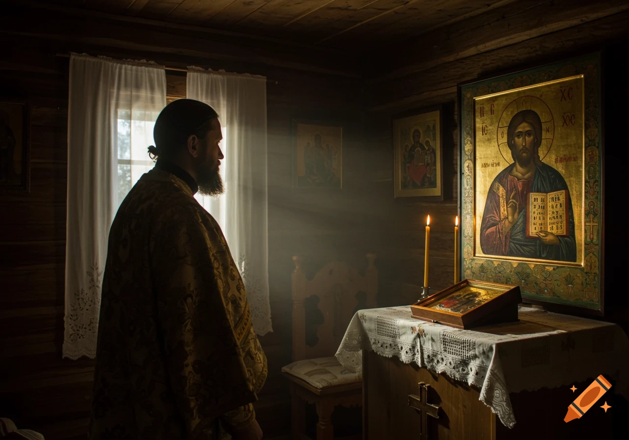 A bearded Russian Orthodox priest in robes stands in a dimly lit wooden room, looking towards a large icon of Christ, illuminated by candles and light rays from a window.