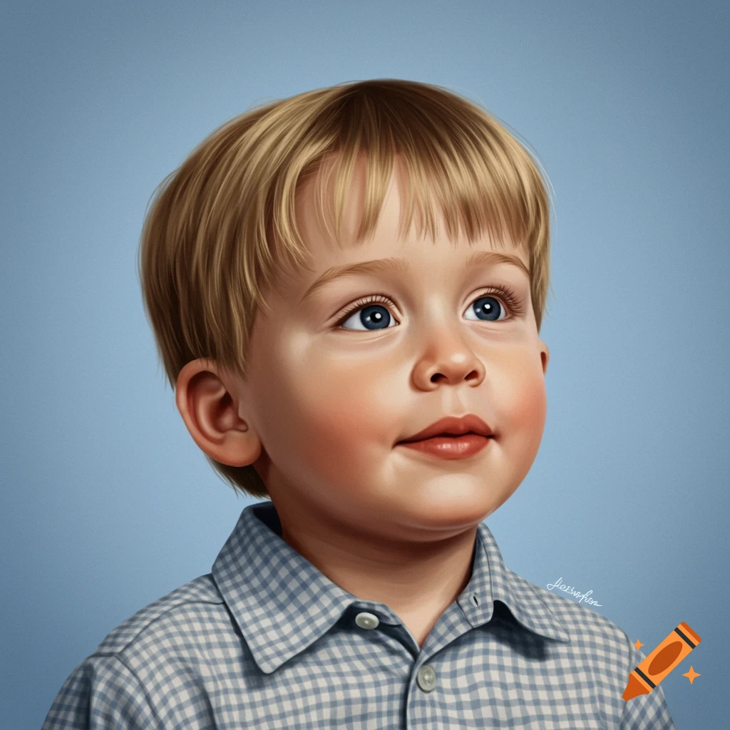 Illustration of a young blonde boy with blue eyes, wearing a plaid shirt, looking up against a light blue background.