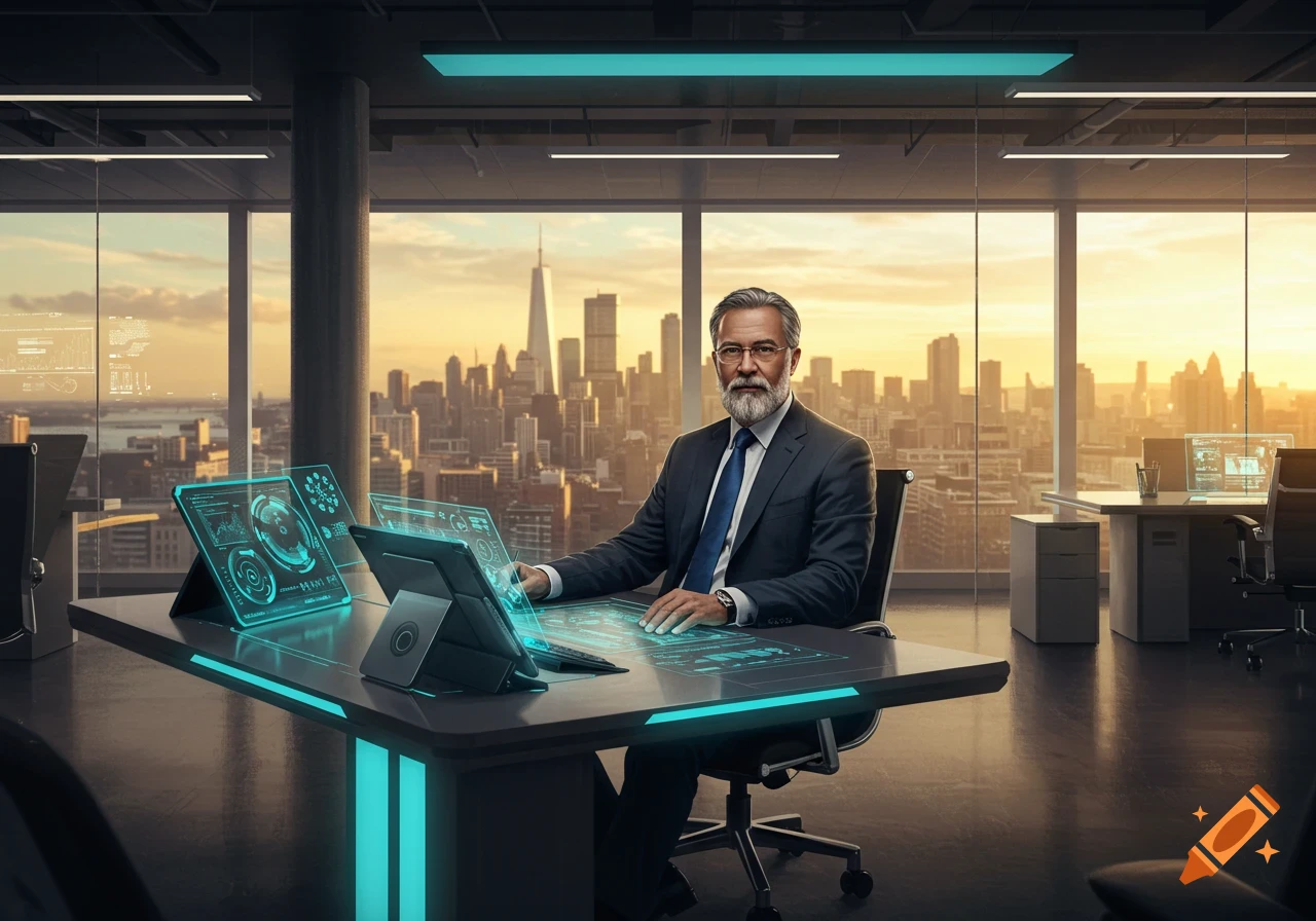 Businessman with a gray beard at a futuristic desk with glowing holographic screens in a modern office overlooking a city skyline at sunset.