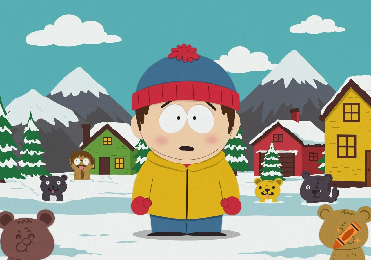A South Park character resembling Stan Marsh stands in a snowy town with houses, mountains, and small cartoon animals.