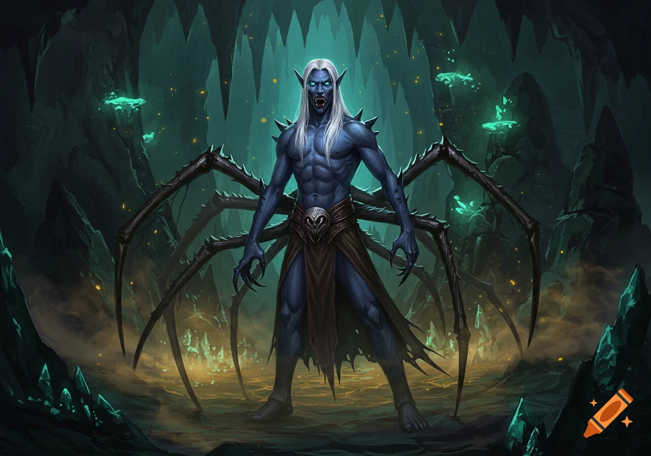 Muscular blue-skinned drow elf with white hair, fangs, and spider legs stands in a glowing cave.