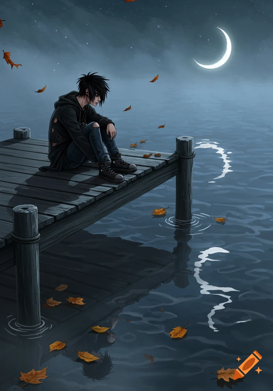 An emo youth sits sadly on a wooden dock by dark water under a crescent moon, with autumn leaves falling.