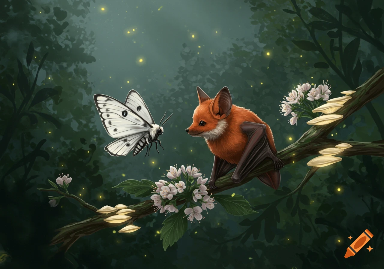 Digital art of a fox bat on a branch looking at a white moth, with glowing mushrooms and fireflies in a dark forest.