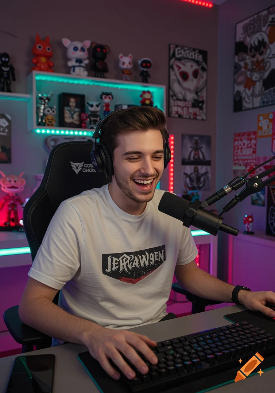 A young man with headphones laughs while sitting at a computer desk, typing on a keyboard in a neon-lit gaming room.