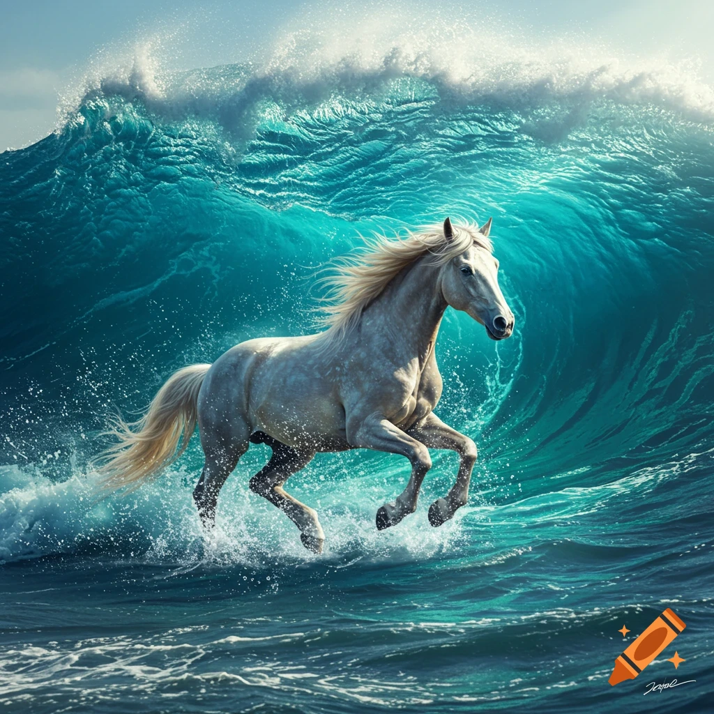 A majestic white horse gallops through turbulent blue ocean water with a massive breaking wave behind it in a photorealistic style.