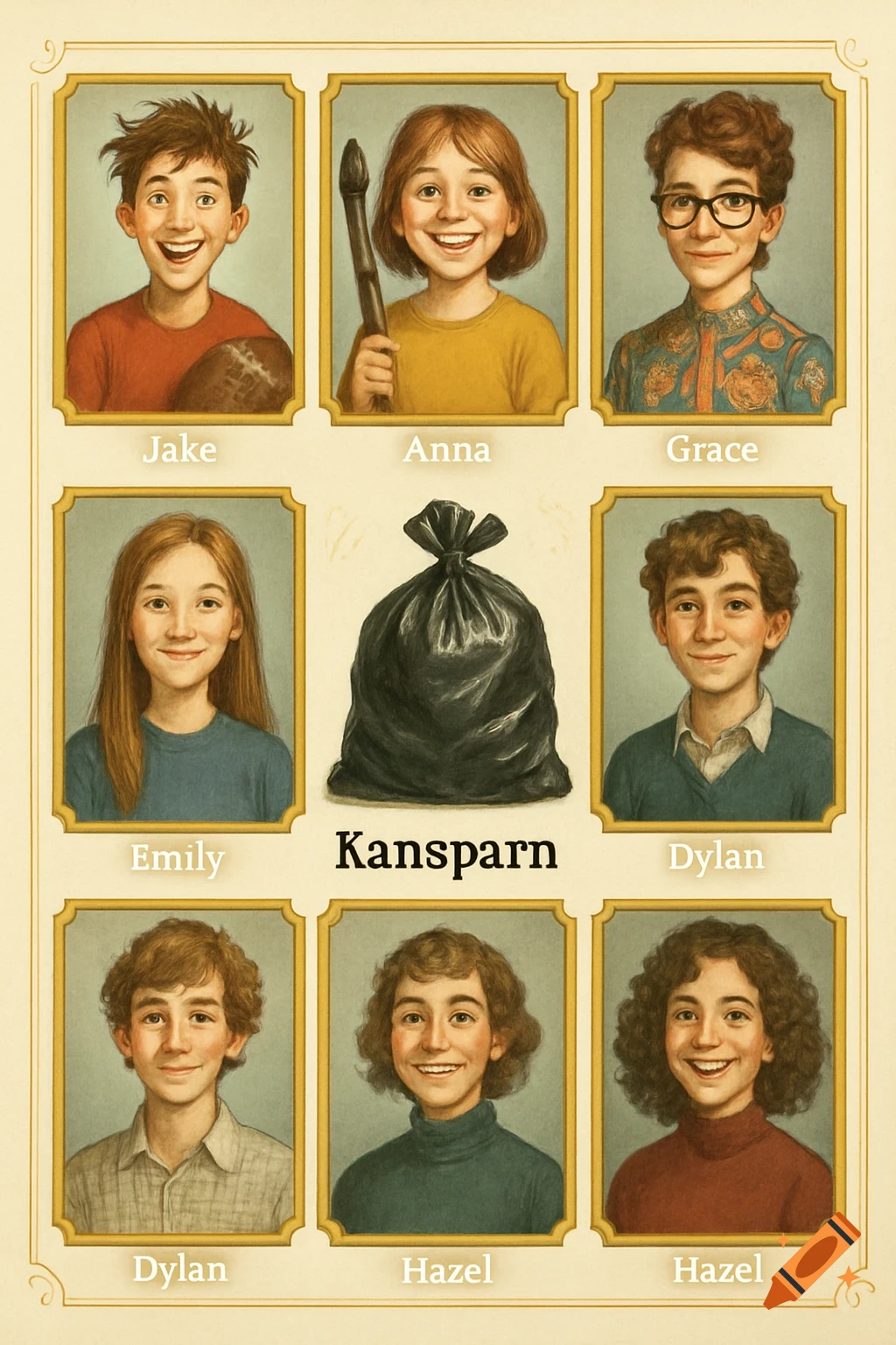 An illustrated yearbook page featuring portraits of seven smiling children and a garbage bag, each with a name below it.