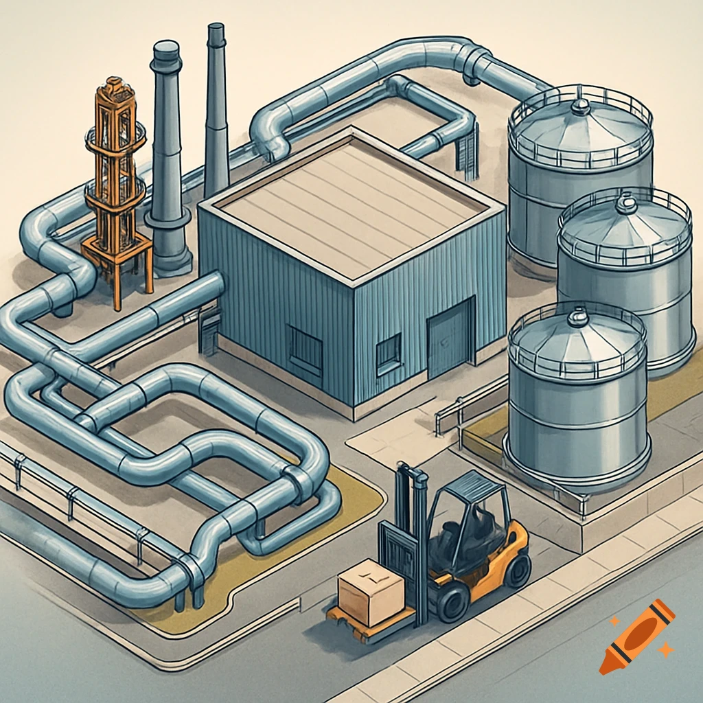 An isometric illustration of an industrial facility with pipelines, storage tanks, a production building, and a forklift carrying a box.