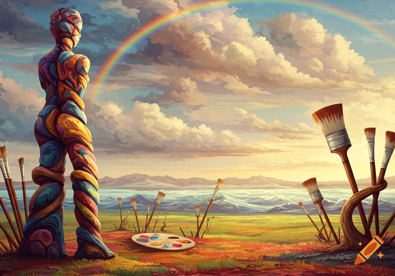 A colorful, twisted figure stands in a vibrant, painterly landscape with paintbrushes, a palette, and a rainbow arching across the sky.