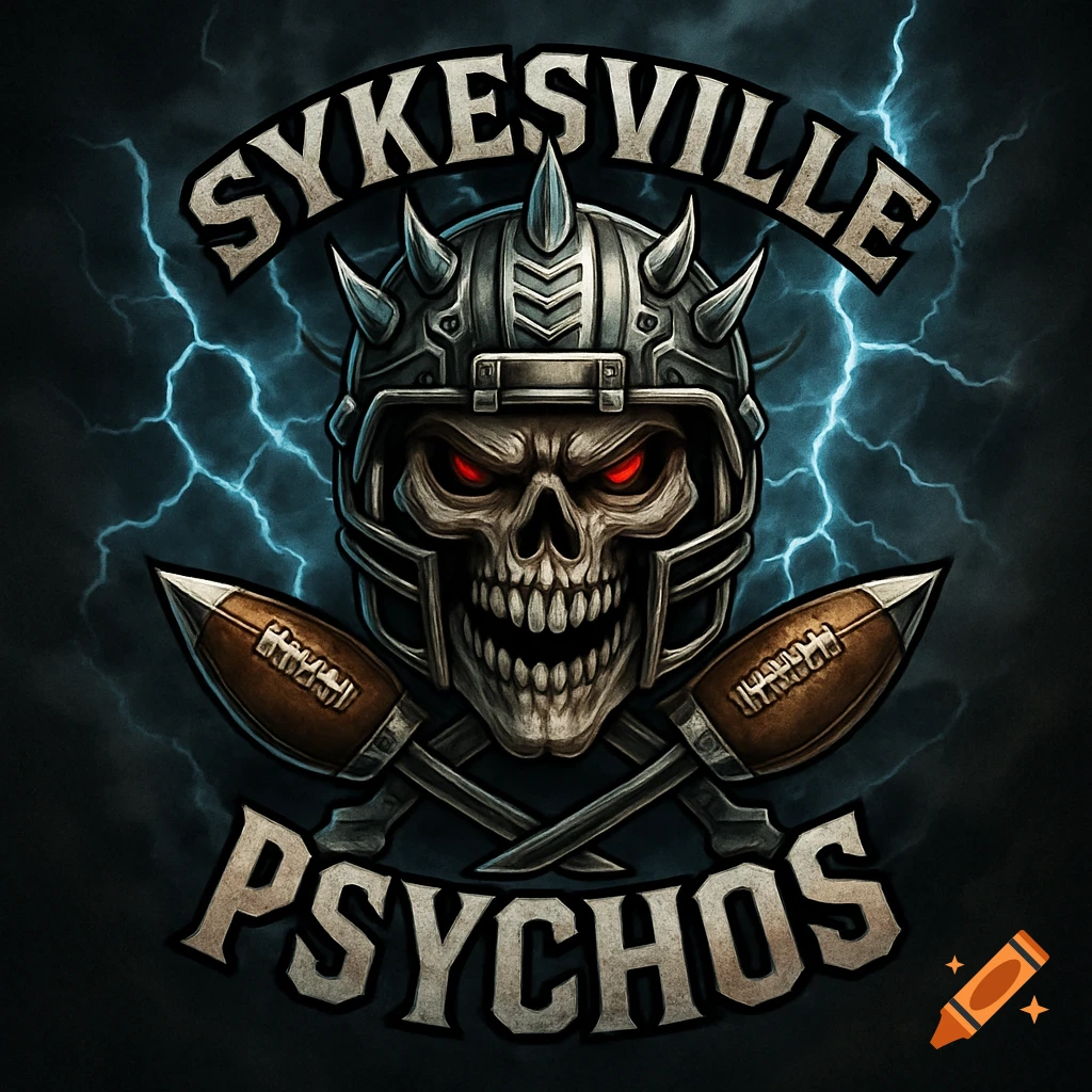 Aggressive skull in a football helmet logo with crossed footballs and lightning, for the 'Sykesville Psychos' fantasy team.
