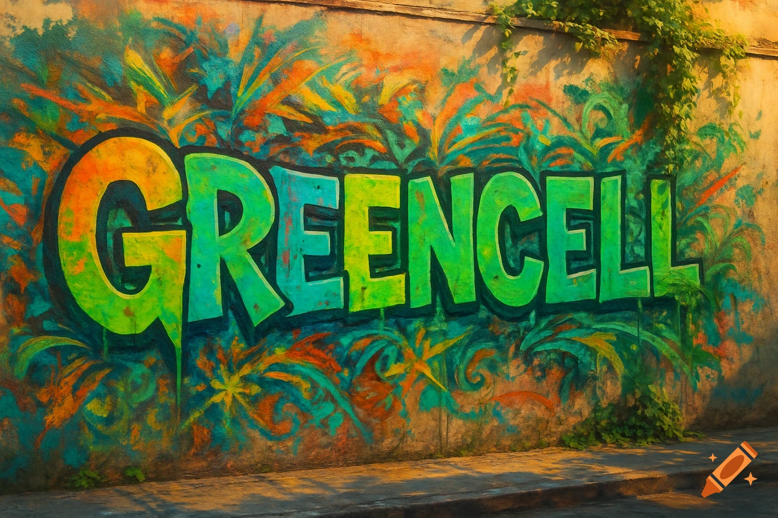 Vibrant graffiti art spelling 'GREENCELL' in multiple colors on a textured wall under warm sunlight, with green vines creeping down.