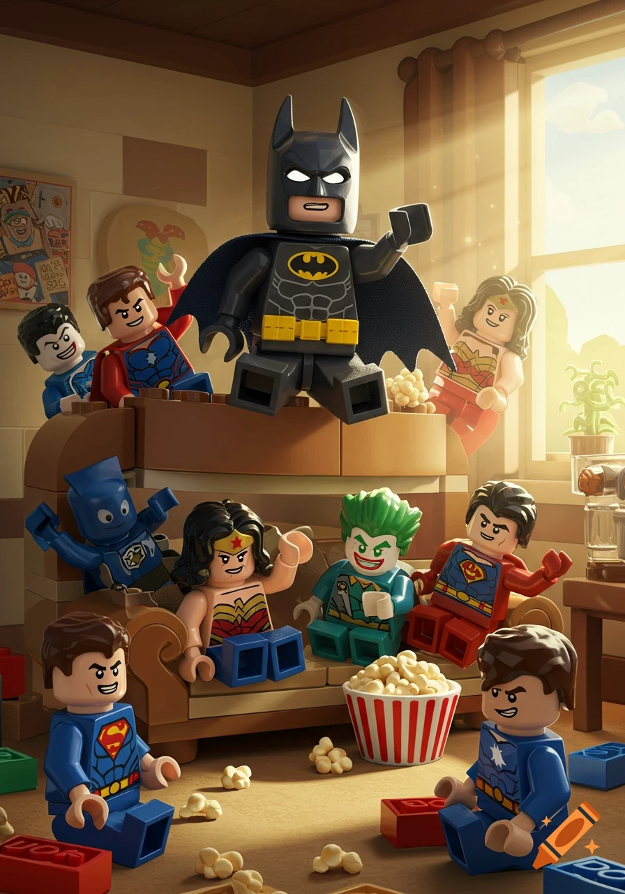 Lego Batman, Superman, Wonder Woman, Joker, and other DC characters watch something on a double-decker couch with popcorn in a sunlit room.