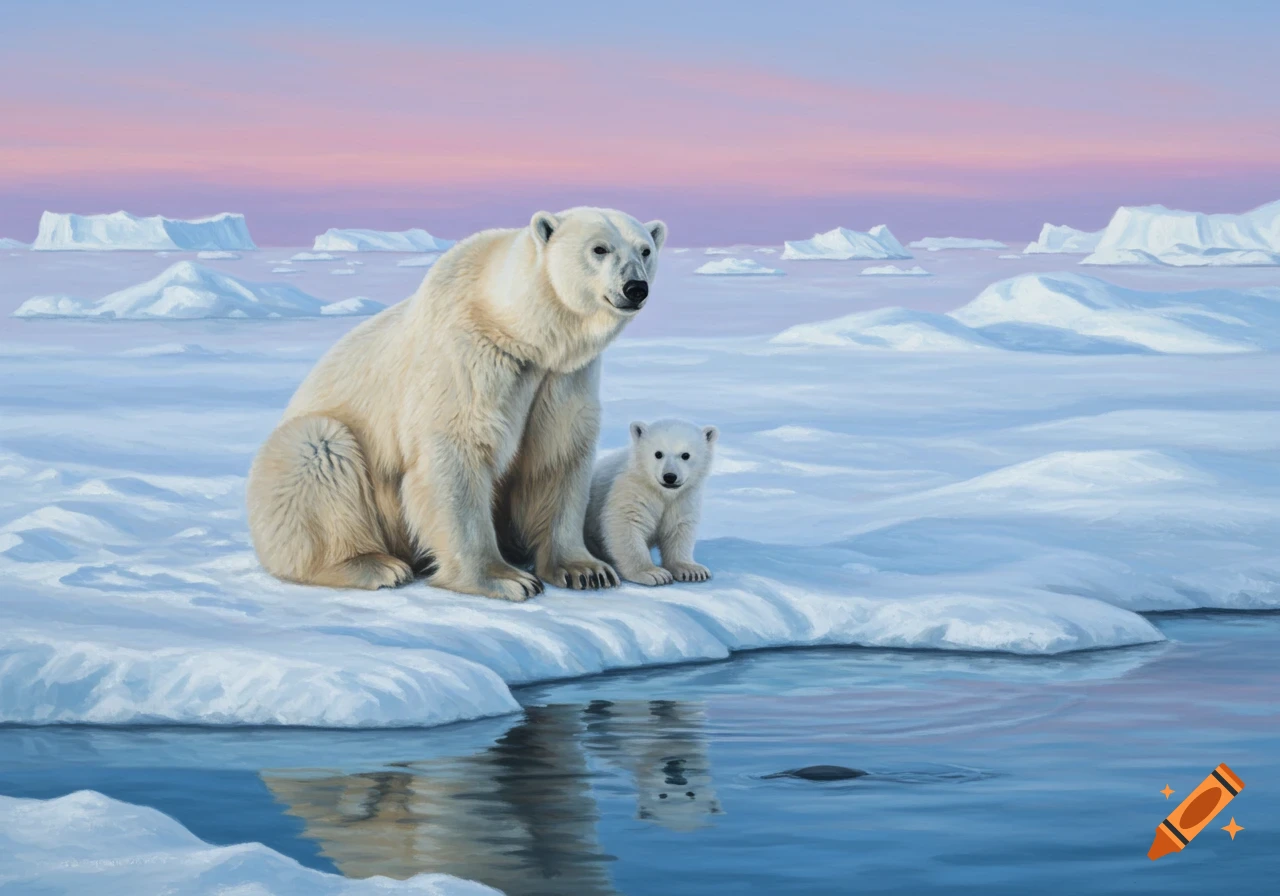 A mother polar bear and her cub sit on an ice floe by open water, with a pink-hued sky and icebergs in the background in a painted style.