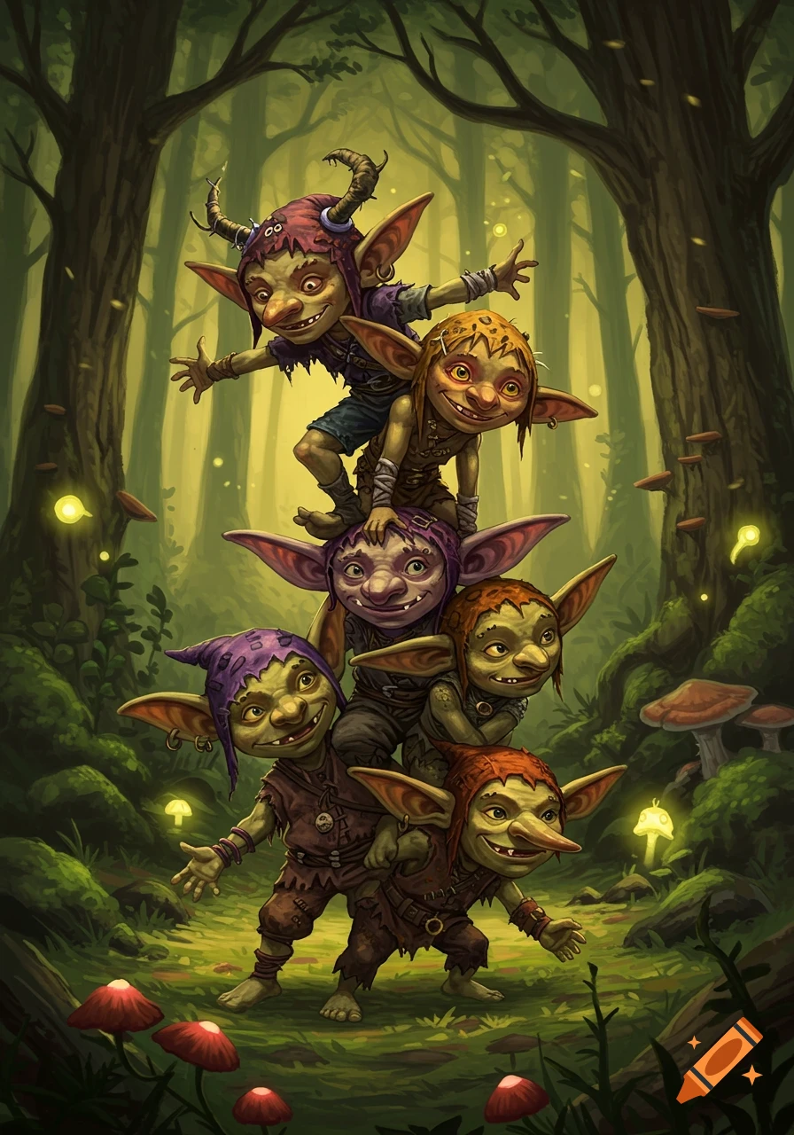Whimsical fantasy illustration of a stack of six green-skinned goblins with pointy ears in a glowing forest.