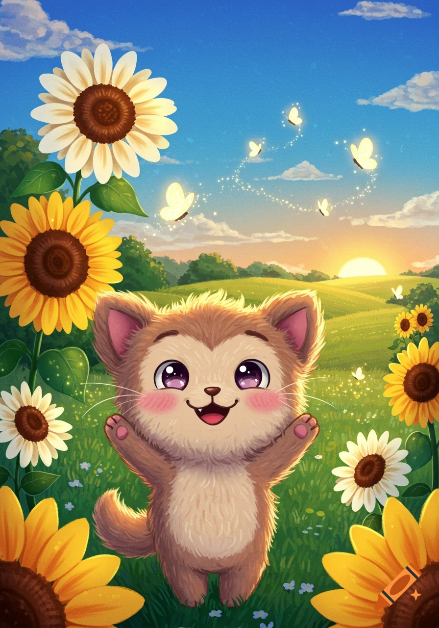 Cute fluffy cartoon creature smiling in a sunny field of sunflowers with glowing butterflies against a blue sky, illustration style.