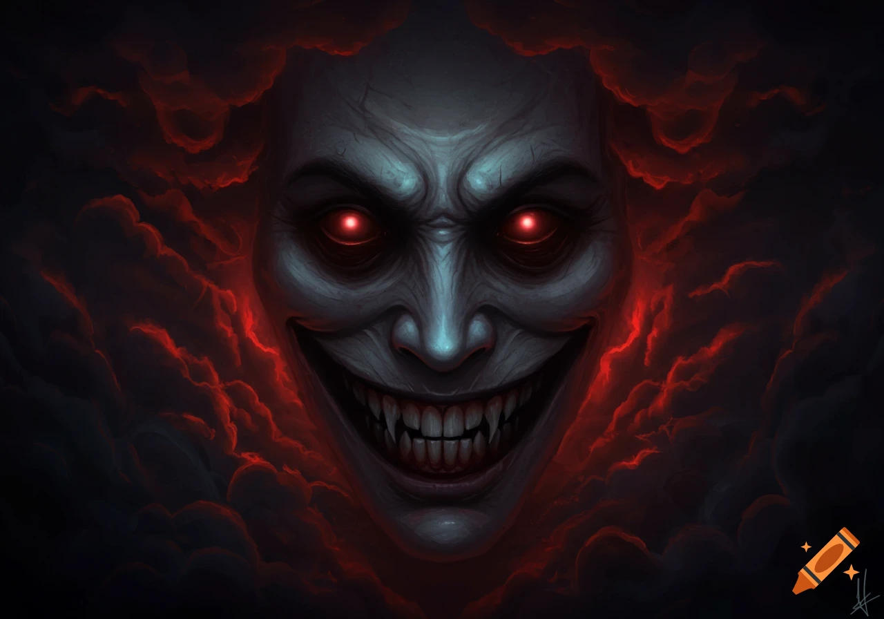 A menacing, pale-faced monster with glowing red eyes and sharp fangs smiles eerily amidst swirling red and black smoke in a dark art style.