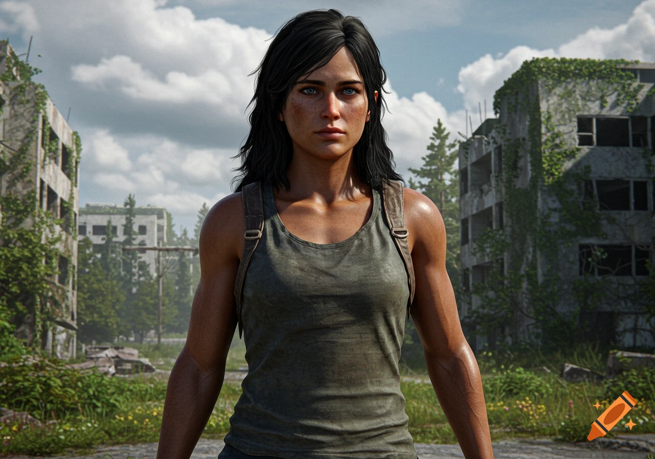 Photorealistic portrait of a muscular woman with dark hair and blue eyes in a ruined, overgrown city.