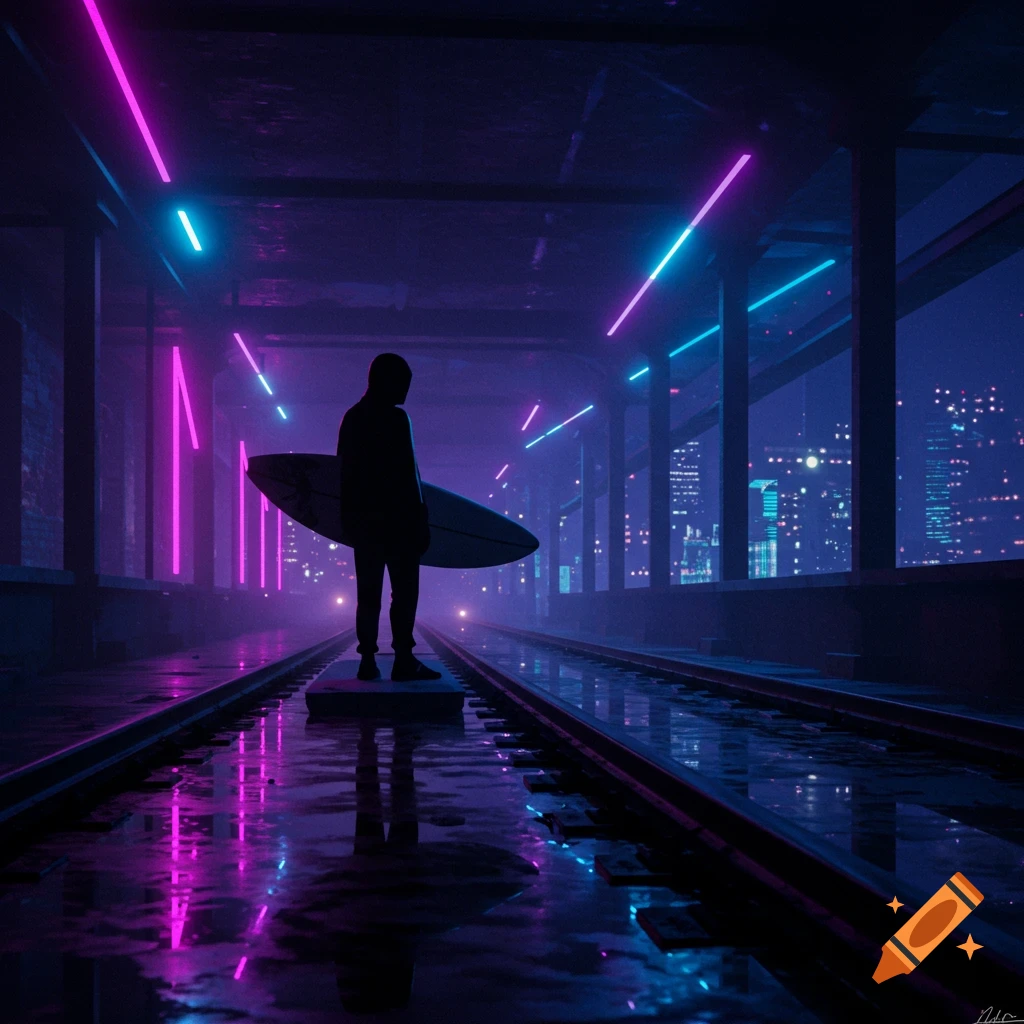Digital art of a lonely figure with a surfboard on wet subway tracks, illuminated by neon pink and blue lights, with a blurred city behind.
