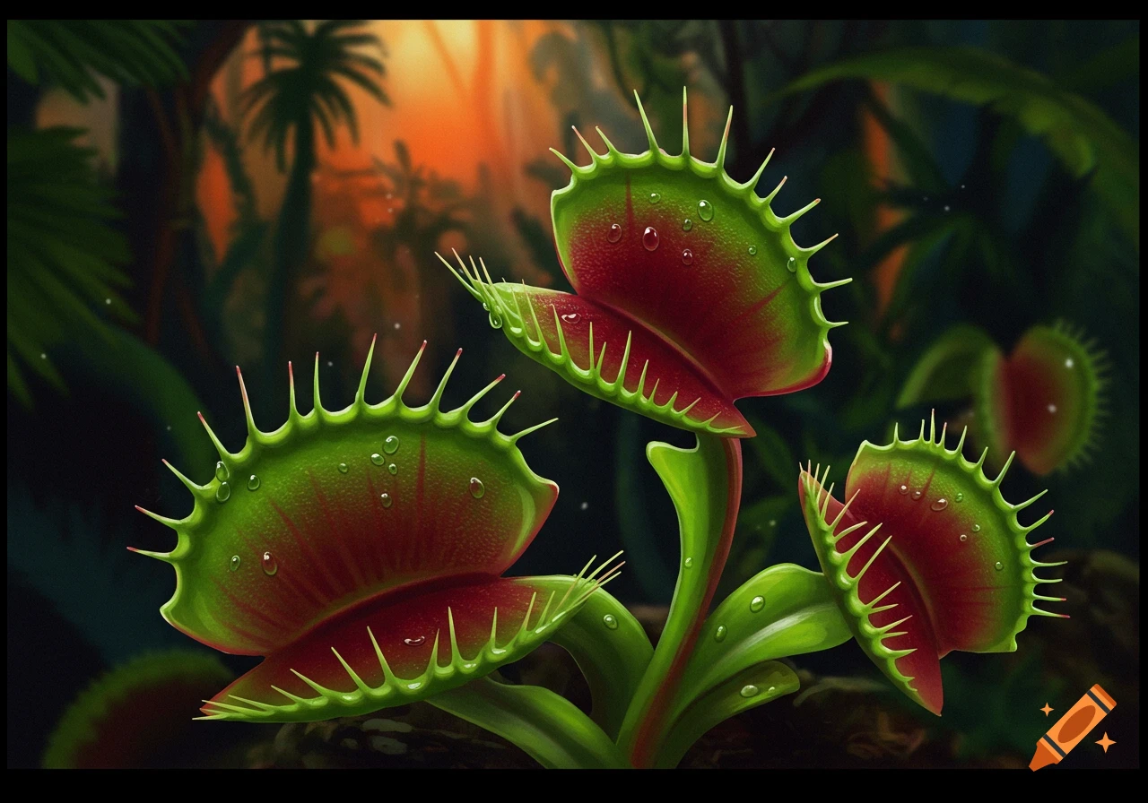 Close-up of vibrant green and red Venus flytrap plants with dew drops in a lush, stylized jungle setting.
