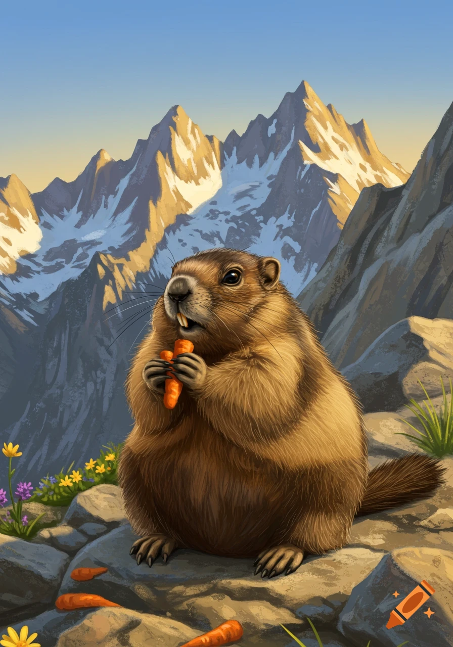 Digital illustration of a fluffy brown marmot eating a carrot on rocks, with majestic snow-capped mountains in the background.