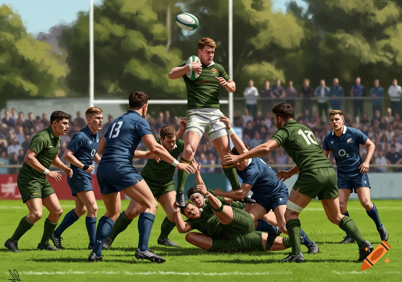 A dynamic painting of a rugby match, with players in green and blue jerseys contesting for the ball on a grassy field.