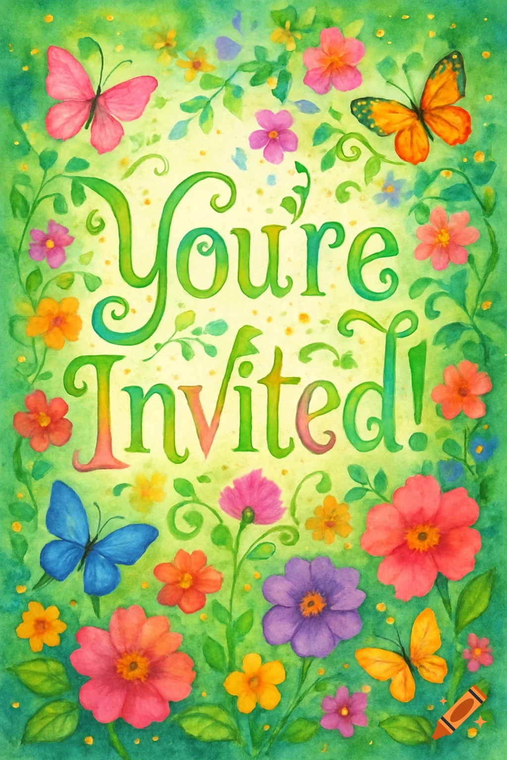 Watercolor invitation with "You're Invited!" text, surrounded by colorful flowers and butterflies on a green background.
