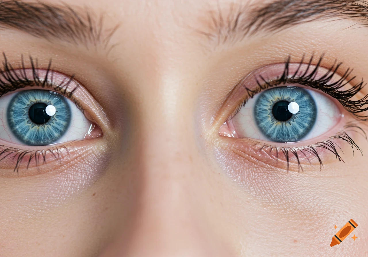 Close-up photorealistic shot of two striking blue human eyes with visible eyelashes and skin texture.