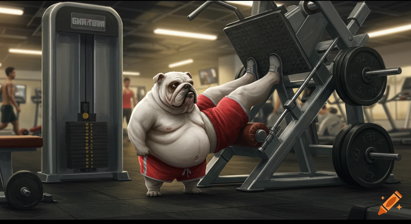 A chubby white English bulldog in red shorts does a leg press in a gym, with other gym-goers blurred in the background.